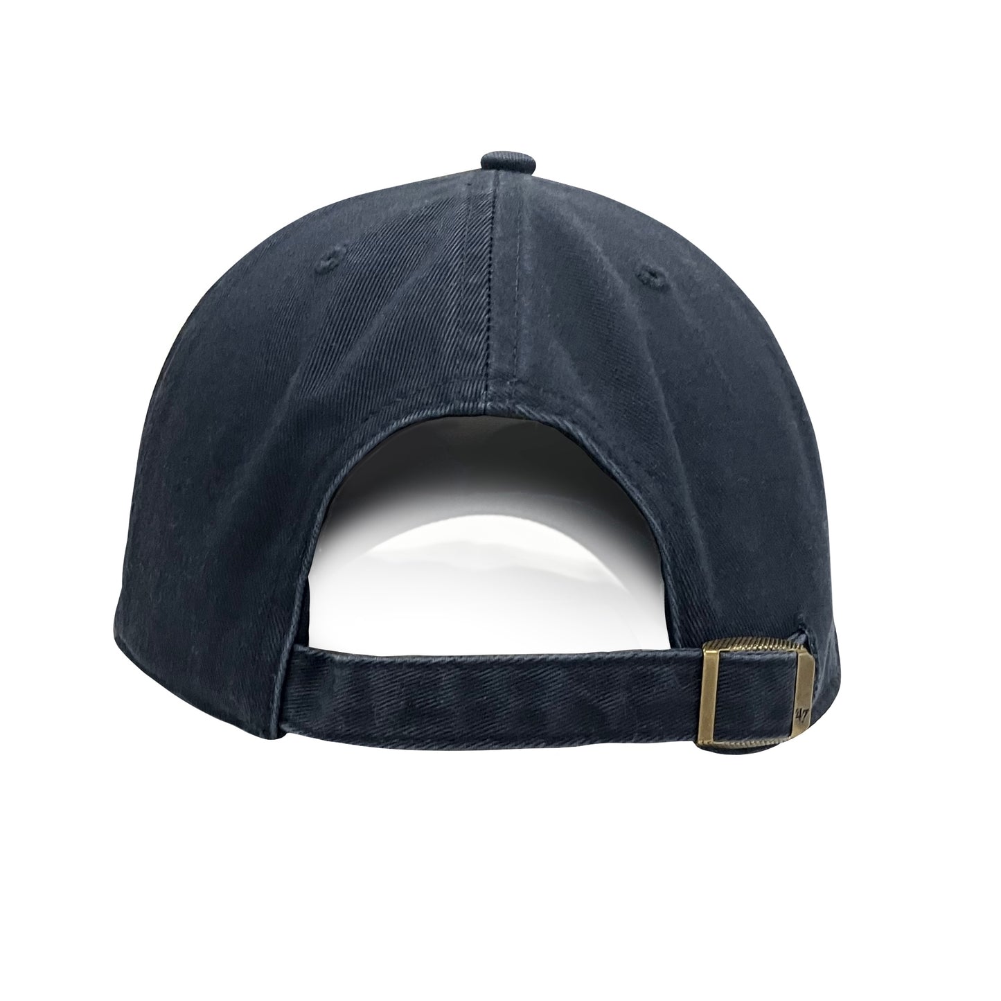 Back of Coors Banquet navy baseball cap with an adjustable fabric strap and brass buckle.