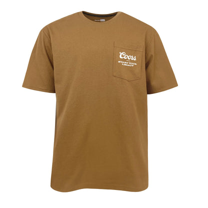 Brown short-sleeve pocket t-shirt featuring white 'Coors – Start Your Legacy' text printed on the left chest pocket.