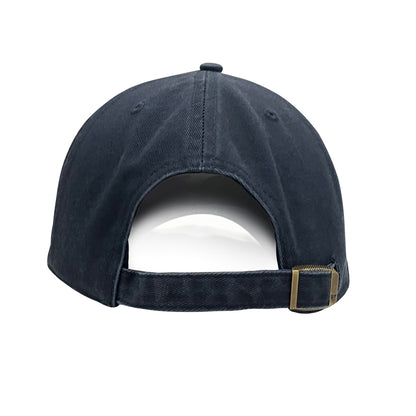 Back of Coors Banquet navy baseball cap with an adjustable fabric strap and brass buckle.